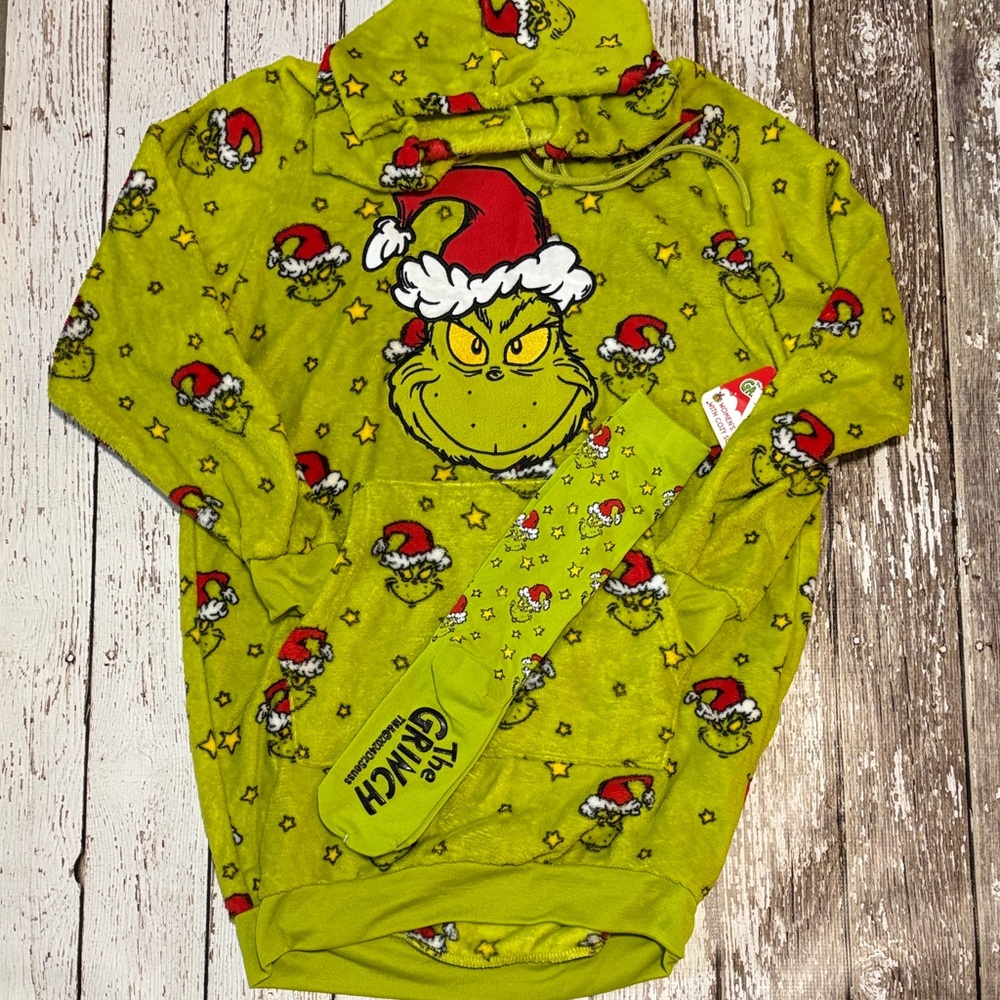 Dr. Seuss Grinch Hoodie sleep night hoodie dress w/ socks- Lime Green and Red